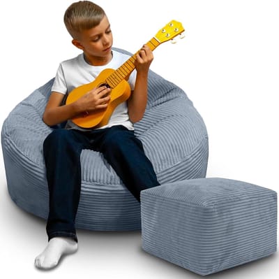 DreamRoots Zitzak voor Volwassenen & Kinderen – Corduroy Bean Bag Stoel met Voetsteun & Hoes – Inclusief Vulling – 70x70x70 cm – Baltic Sea