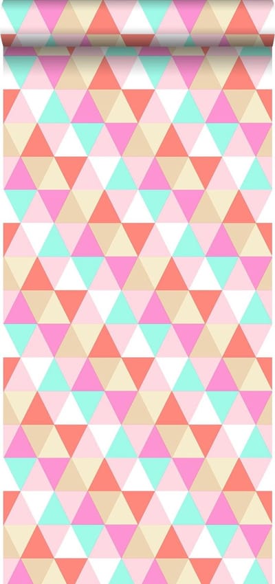 ESTAhome behang driehoekjes roze, turquoise en koraal rood - 53 cm x 10.05 m - 138714
