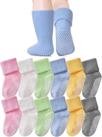 Baby Sokken - 6 Paar - Katoen - Baby Sokjes - Antislip Sokken - Warme Sokken Kind - Dreumes Sokken - Veelkleurig - Maat S - 0-1 Jaar - Enkelsokken - Gevoerde Sokken - Baby Slofjes - Slofsokken Baby - Kraam Cadeau - Baby Cadeau