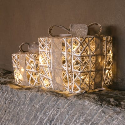 LED Cadeaudozen Jute Kerstdecoratie | 15 LEDs | Set van 2 | Warm Wit Batterij met | Anna's Collection