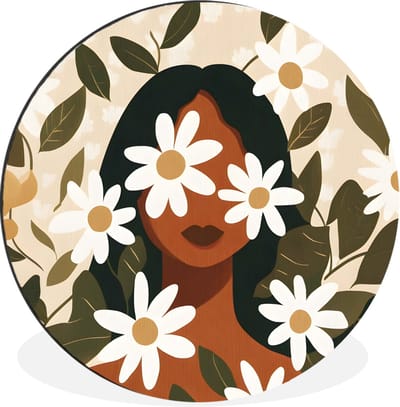 WallCircle - Wandcirkel - Muurcirkel - Illustratie - Vrouw - Madeliefjes - Wit - Aluminium - Dibond - 30x30 cm - Binnen en Buiten