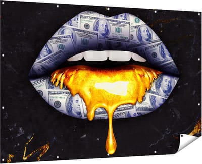 Gards Tuinposter Dollar Lippen met Goud - 180x120 cm - Tuindoek - Tuindecoratie - Wanddecoratie buiten - Tuinschilderij