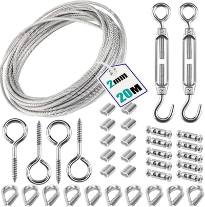 SnelShoppen - 304 RVS Kabel Set 20 m x 2 mm, 10 Aluminium Klemmen, 10 Kabelbinders, 2 Verstelbare Haakjes, Perfect voor Waslijn en Doe-Het-Zelf Projec