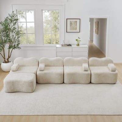 Modulaire hoekbank met 4 zitplaatsen – inclusief 1 voetenbank – met 32D-schuim met hoge dichtheid – golvend ontwerp – diepe zitting – afneembare armleuningkussens – geschikt voor de woonkamer – beige