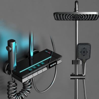 Verkoop Nederland® - Led Licht - Badkamer - Douchesysteem - Douchekop - Set - Messing - Spiegel - Thermostatische Badkraan - Digitaal Display - Warm & Koude Douches - Zwart - 3 in 1