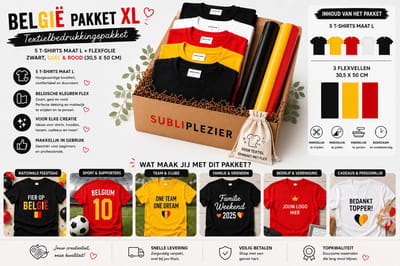 België Textielbedrukkingspakket XL – 5 T-Shirts maat L + Flexfolie Zwart, Geel & Rood (30,5 x 50 cm)