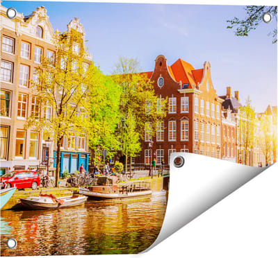 Gards Tuinposter Amsterdamse Gracht tijdens Zonsondergang - 50x40 cm - Tuindoek - Tuindecoratie - Wanddecoratie buiten - Tuinschilderij