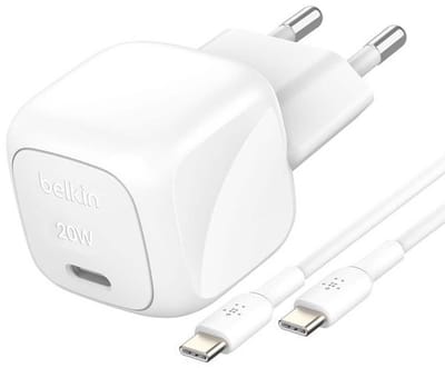Belkin BoostCharge power adapter - compact - 24 pin USB-C - 20 Watt - with USB-C cable (1m)