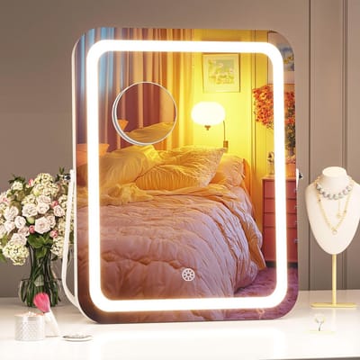 Dimbare Make-upspiegel met LED Verlichting en 360° Rotatie – 3 Lichtmodi en Afneembare Vergrootspiegel