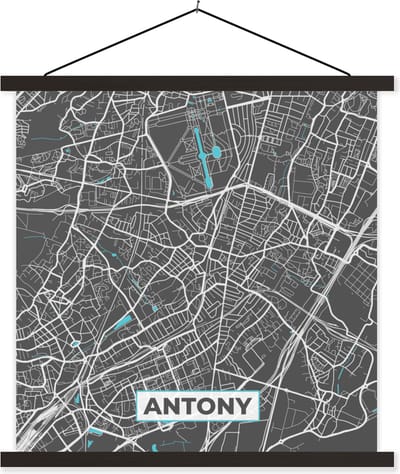 Posterhanger incl. Poster 60x60 cm - Schoolplaat - Antony - Frankrijk - Plattegrond - Stadskaart - Kaart - Textielposter - Zwarte latten - Stadskaart