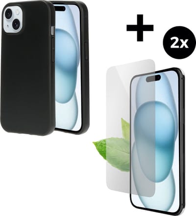 Mobiparts Classic TPU hoesje geschikt voor Apple iPhone 15 met 2 Screenprotectors van Gerecycled Gehard Glas - Zwart