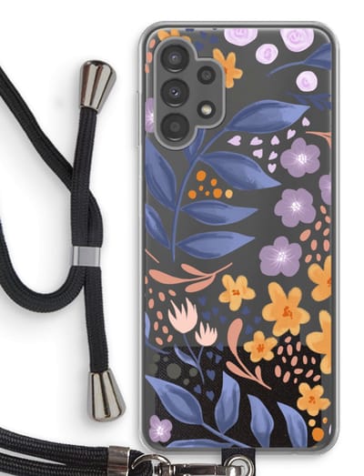 Case Company® - Hoesje met koord geschikt voor Samsung Galaxy A13 4G hoesje met Koord - Flowers with blue leaves - Telefoonhoesje met Zwart Koord - Bescherming aan alle Kanten en Over de Schermrand