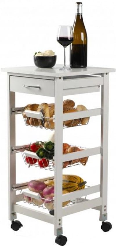 "PRATIK" WIT OPBERGKARRETJE MET LADE EN 3 METALEN MANDEN 37XH76CM