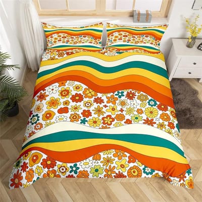 Retro jaren 70 Hippie Stijl Dekbedovertrek Queen Microfiber Psychedelisch Paddenstoelen Beddengoed Set Kamer Decoratie Cadeaus Regenboog Bloemen Dekbedovertrek US Full(200*230cm)3pcs