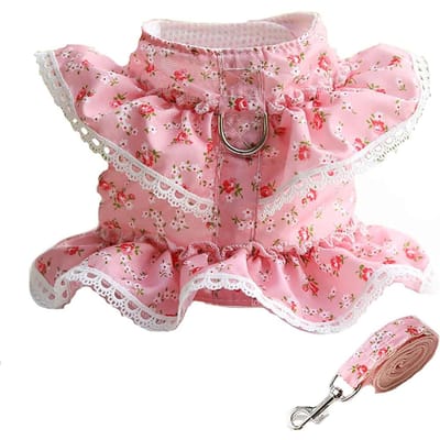 Ensemble Harnais et Laisse pour Chiot Rose Dentelle Florale Gilet Harnais pour Chien Idéal pour Petit Chien Mignon Doux Maille Anti-évasion Animal de Compagnie Chat Gilet Harnais Haute Qualité L pet 5-7.5kg rose