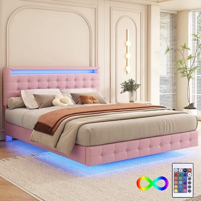 KOMHTOM Tweepersoonsbedden 140x200 cm Bed voor volwassenen LED-sfeerverlichting ophanging Hoofdbord in hoogte verstelbaar Roze