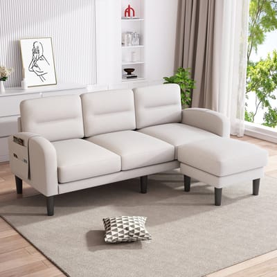 Hoekbank L-Vorm - Beige 3-Zits Hoekbank Met Chaise Longue - Modulaire Bank-Bank Met Zijvakken - 204x136x80cm- Opbergen-- Woonkamer Beige