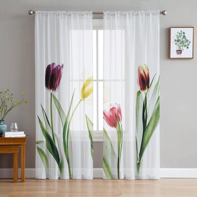 Gekleurde Abstracte Bloem Tule Gordijnen Voor Woonkamer Keuken Transparant Voile Gordijn Slaapkamer Raampanelen 135W x 114H(cm) white