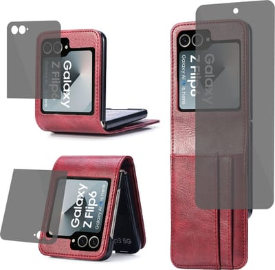 Book Case Hoesje voor Samsung Galaxy Z Flip 6 / Flip 7 FE - Hoesje + Privacy Screenprotector – Privé - Beschermglas Folie - Privé GuardCover - Flip Hoes Cover - Portemonnee Rood