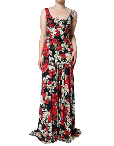 Bloemen Zijde Maxi Jurk Mouwloos Met Een Ronde Hals
