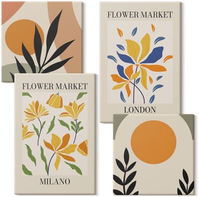 Wallfluent Set van canvas schilderijen - Bloemenposters Parijs Milaan Londen Canvas Schilderijen Set - Set van 4 Canvas Schilderijen - Oranje Set van Canvas Prints - Natuur Canvas Kunst Set - Boheemse Canvas Kunst Set