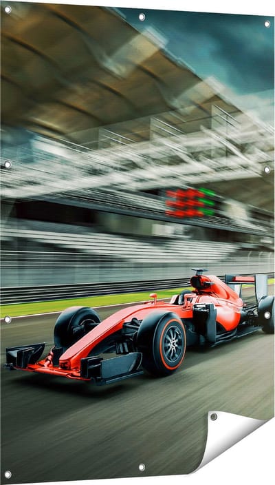 Gards Tuinposter Formule 1 Auto bij de Finish in het Rood - 80x120 cm - Tuindoek - Tuindecoratie - Wanddecoratie buiten - Tuinschilderij
