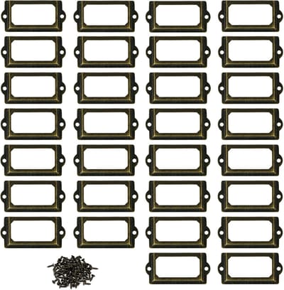 YAGXIG 32 stuks - metalen labelhouders - metalen bibliotheeklabels - ladelabelhouders - schroefkast - Meubel Labelhouders - Metaal Label Houders - Bibliotheeklabels - naamkaartlabelhouders - 70x33 mm