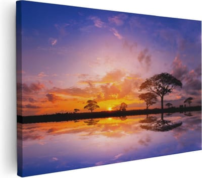 Artaza Canvas Schilderij Boom - 30x20 cm - Klein - Wanddecoratie Zonsondergang - Muurdecoratie Afrika - Kamer Accessoires Bos