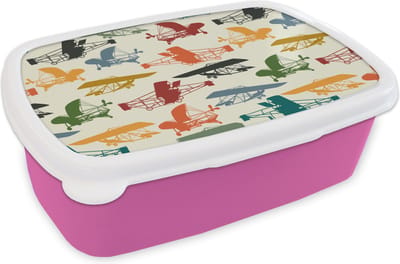 Broodtrommel Roze - Lunchbox - Brooddoos - Patronen - Vliegtuig - Retro - Jongens - Kinderen - Kids - Jongetje - 18x12x6 cm - Kinderen - Meisje