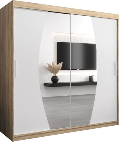 InspireMe - Kledingkast met 2 schuifdeuren, Modern-stijl, Een kledingkast met planken en een spiegel (BxHxD): 200x200x62 - GLOBE 200 Sonoma Eik + Wit Mat