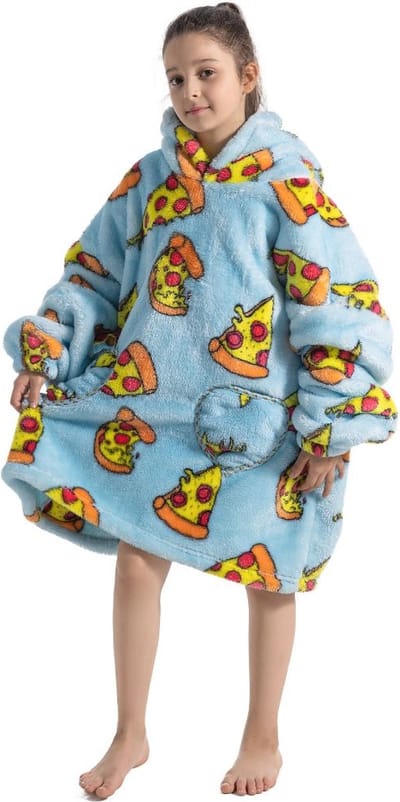 Pizza fleece hoodie deken met mouwen kind – fleece poncho kind – plaid met mouwen - Draagbare deken - maat 128/152 – lengte 75 cm - chillen – Warm & zacht – relax outfit kids – lichtblauw - Badrock