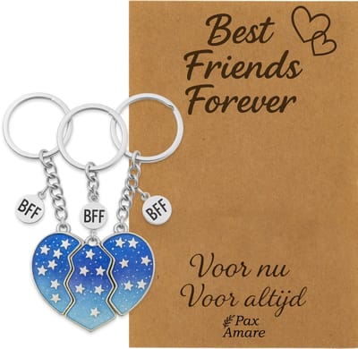 BFF Sleutelhanger voor 3 'Best Friends Forever' - Magnetisch Blauw Hartje - Sleutelhangers op Cadeau Kaartje - Zilverkleurig - Vriendschap Symbool - Pax Amare