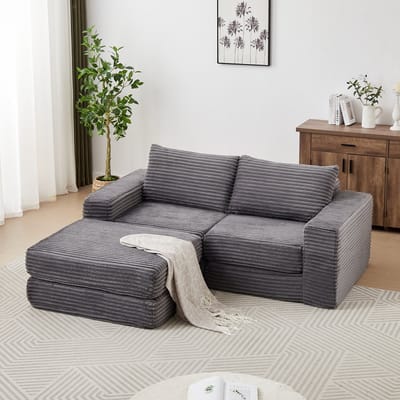 MODFU Slaapbank - Modulair En Met Verplaatsbare Hocker - Klassiek - Voor Woonkamer - Cord - Grijs