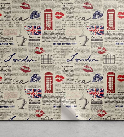 ABAKUHAUS Tea Party Peelable & Adhesive Behang voor thuis, Zelfklevende Woonkamer Keukenaccent, 33cm x 90cm, Beige Navy Blue Red