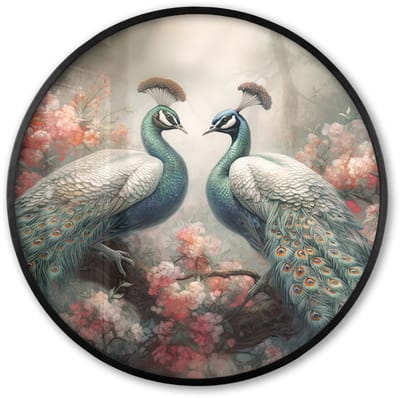 Poster in lijst Rond - Fotolijst 60x60 cm - Posters - Pauwen - Pauwenveren - Vogels - Bloemen - Natuur - Ronde posterlijst zwart - Decoratie - Wanddecoratie woonkamer - Muurdecoratie slaapkamer