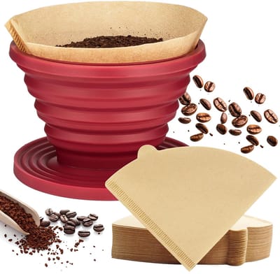 Thijox - Siliconen Koffiedruppelaar Opvouwbaar Koffiefilter met 40 Kegelpapierfilters, Herbruikbare Koffiefilterhouder, BPA-vrij, Rood, Ideaal voor Ca