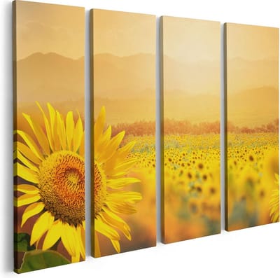 Artaza Canvas Schilderij Vierluik Zonnebloemen Veld Met Zonopkomst - 80x60 - Foto Op Canvas - Canvas Print