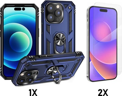 Casemania Hoesje Geschikt voor Apple iPhone 14 Pro Max - Blauw / 2X Glazen Screenprotector - Anti-Shock Hybrid Armor Back Cover - Hoes met Kickstand Ring