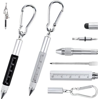 2-delige 6-in-1 multifunctionele gereedschapspen met balpen, touchscreen stylus, liniaal, karabijnhaak, platte schroevendraaier en kruiskopschroevendraaier, geschikt om cadeau te geven 14X1.15cm (zwart en wit)