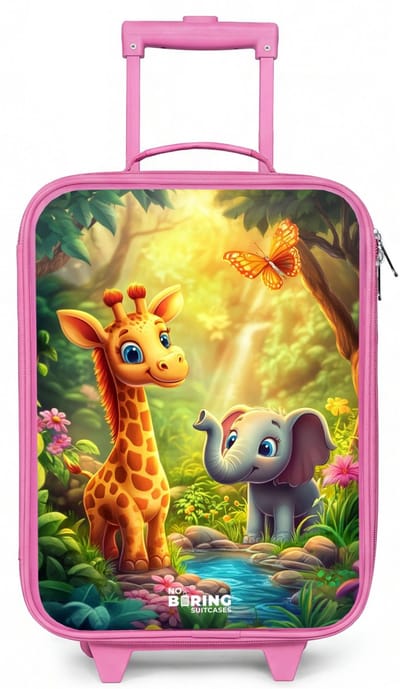 NoBoringSuitcases.com® - Kinderkoffer roze - Kindertrolley meisje - Giraf en olifant bij beekje in de Jungle - Koffer kind lichtgewicht - Reiskoffer trolley voor kinderen - Koffertje met lichtgevende wieltjes - Rolkoffer