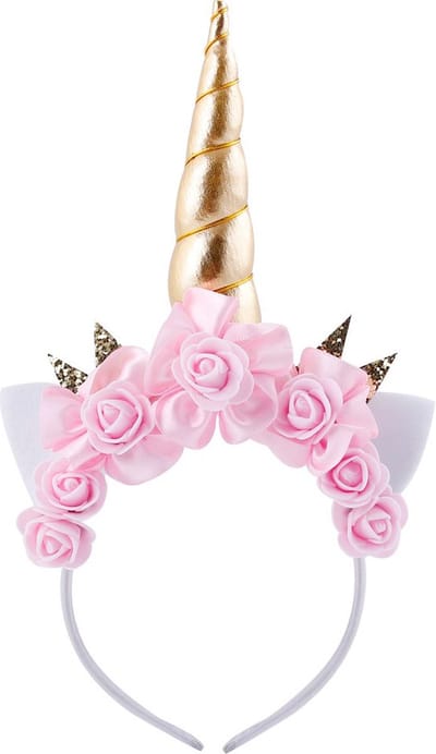 KIMU® Eenhoorn Haarband Goud Lichtroze - Roze Unicorn Haarband Met Oortjes En Bloemetjes - Gouden Hoorn - Licht Roze Bloemen Festival