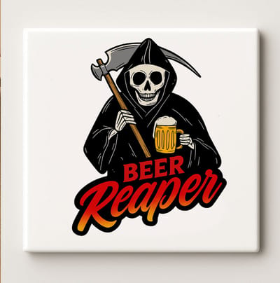 Beer Reaper Grappige Schedel Tegel – 15x15cm Keramische Muurdecoratie voor Café, Mancave & Bierliefhebbers
