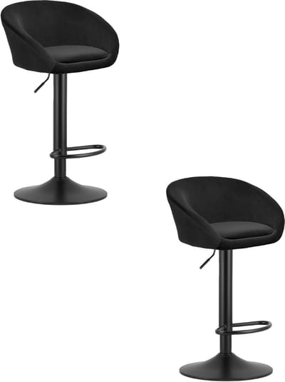Set van 2 Barkrukken EAST – Velvet Zwart - Zwarte Basis - Rugleuning, Verstelbare Hoogte, 360° Draaibaar, Comfortabele Voetsteun, Modern Design, Max. 110 kg