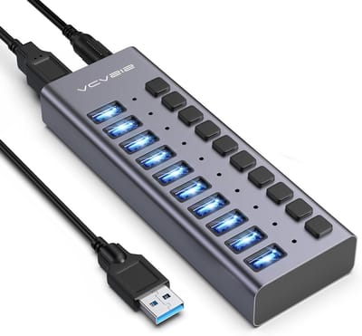 USB Hub met 10 Poorten, 10Gbps Gegevensoverdracht, Individuele Aan/Uit Schakelaars en 48W Voeding voor MacBook en Surface
