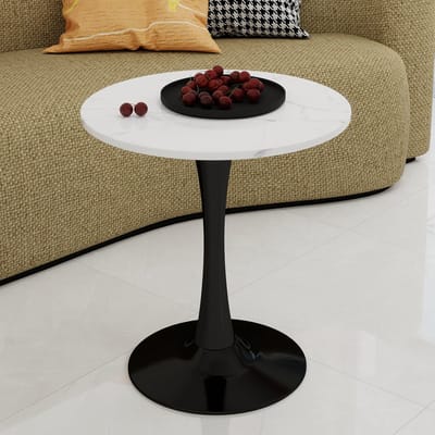 MODENUIT Ronde Tafel - Wit Geaderd Blad Voor Woonkamer En Eethoek - Kunstmarmer En Zwart Onderstel - 70 Cm