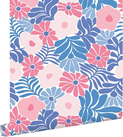 ESTAhome behang bloemen in Matisse stijl blauw en roze - 50 x 900 cm - 131006