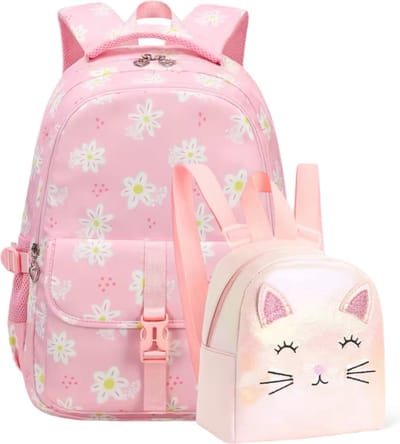 Ultiluxe® Schooltas en rugzak met bloemenprint - Roze/beige - 2-delige tassen set voor meiden - Schoolrugzak, 15.6 inch laptoptas, kleine rugtas - Waterbestendig - Tieners en kinderen - Bloemetjes wit - 29L en 4L