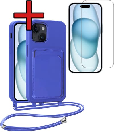 Hoesje Geschikt voor iPhone 15 Plus Hoesje Met Telefoonkoord en Pasjeshouder Met Screenprotector Siliconen - Hoes Geschikt voor iPhone 15 Plus Hoesje Met Kaarthouder Case - Felblauw