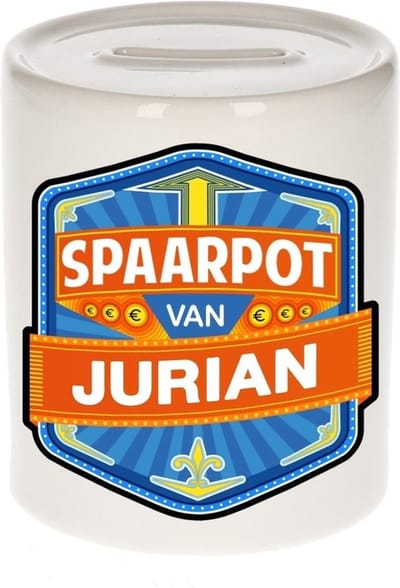 Bellatio Decorations Kinder spaarpot met naam - Jurian - keramiek - met dop - wit - Sparen - Spaargeld van Jurian