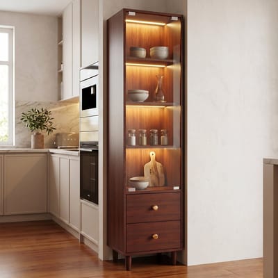 OKWISH Vitrinekast – Met Led Verlichting En Glazen Deur – 165×40×35 Cm – 2 Lades – Smalle Opbergruimte – MDF Bruin